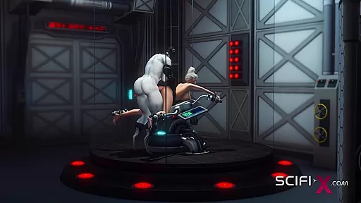 Sci-fi BDSM. Horny young blonde likes to fucks with shemale humanoid android