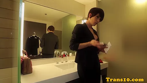 Transsexual bottom jizzed on big boobs
