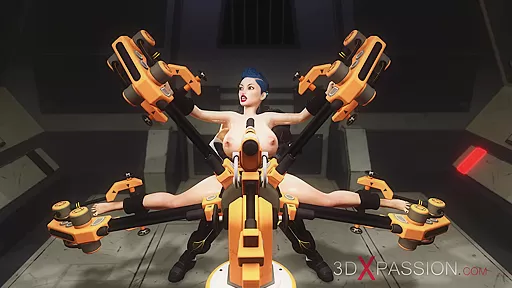 Sexy big tits young woman in cuffs gets fucked hard by cyber dickgirl in the prison