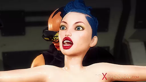Sexy big tits young woman in cuffs gets fucked hard by cyber dickgirl in the prison