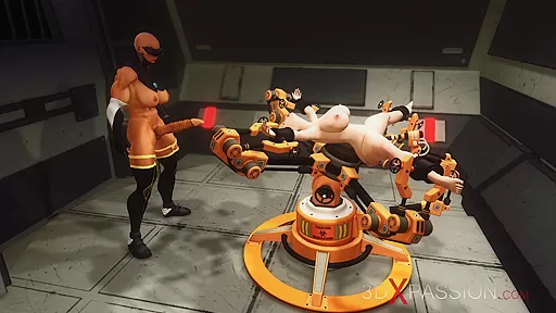 Sexy big tits young woman in cuffs gets fucked hard by cyber dickgirl in the prison