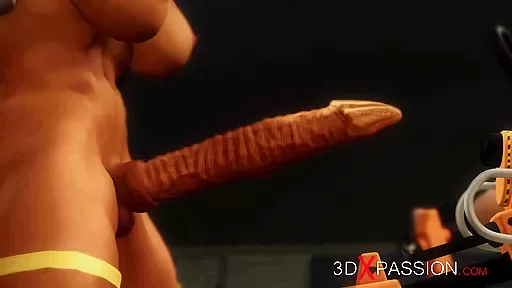 Cyber fuck machine in action! Sexy shemale plays with super busty girl
