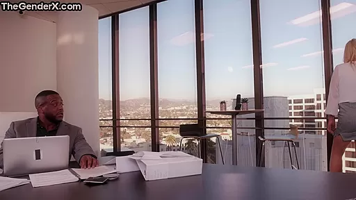 Busty office TS MILF bareback fucked in IR anal by Black guy