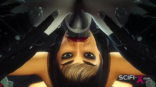 Hot futanari sex android with many boobs plays with a young horny hottie in the sci-fi lab