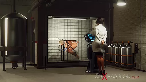 Super hot shemale fucks hard big tits sexy slut in cuffs in the lab
