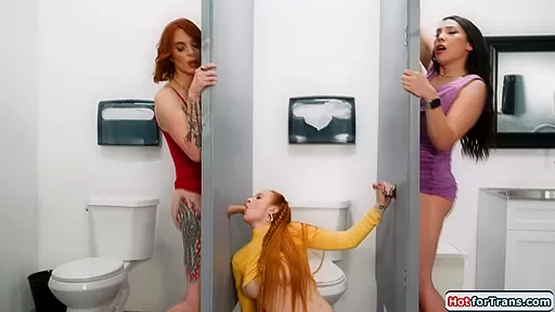 Busty redhead sucks n fucked by shemales