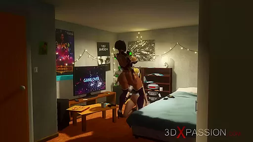 A cute gamer girl gets her ass fucked hard by a sexy dickgirl in the gaming bedroom