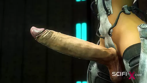 A hot busty cuffed girl gets fucked hard by a sex robot dickgirl in the sci-fi lab