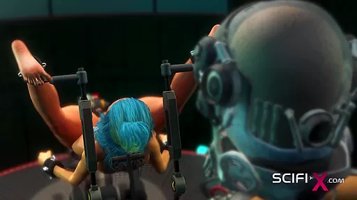 A hot busty cuffed girl gets fucked hard by a sex robot dickgirl in the sci-fi lab