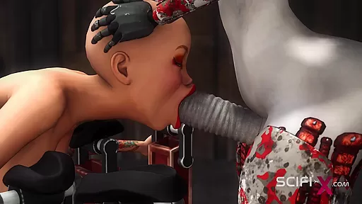 A hot bald young hottie gets fucked by a sex cyborg in the dungeon