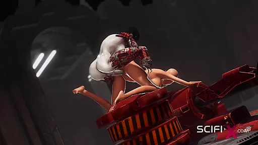 A hot bald young hottie gets fucked by a sex cyborg in the dungeon