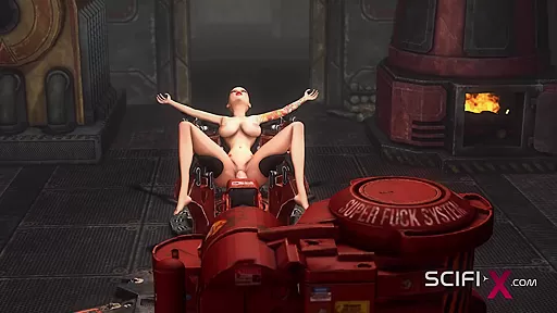 A hot bald young hottie gets fucked by a sex cyborg in the dungeon