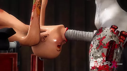 A hot bald young hottie gets fucked by a sex cyborg in the dungeon