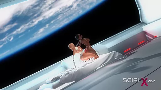 A hot futanari sex robot fucks hard a young black girl in the sci-fi bedroom