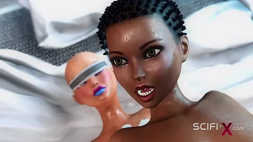 A hot futanari sex robot fucks hard a young black girl in the sci-fi bedroom