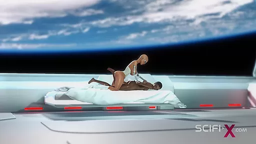 Female sex android plays with a sexy ebony in the space station