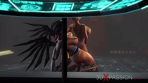 A hot black girl gets fucked hard by a cyber angel shemale in the sci-fi prison