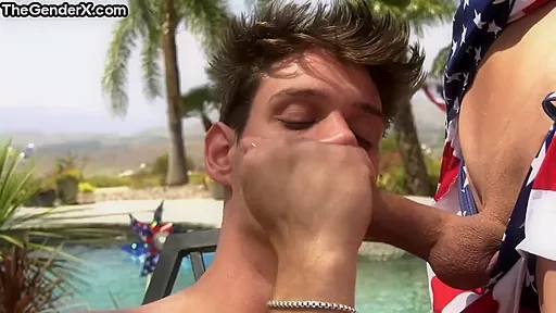 TS sluts barebacked in outdoor orgy at the swimming pool