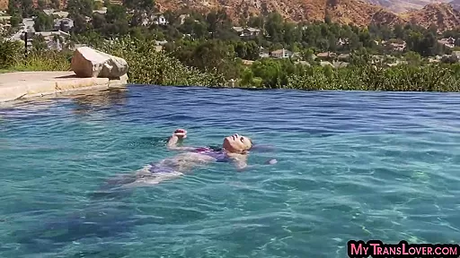 Smallboobs TS MILF assfucked outdoor by the swimming pool