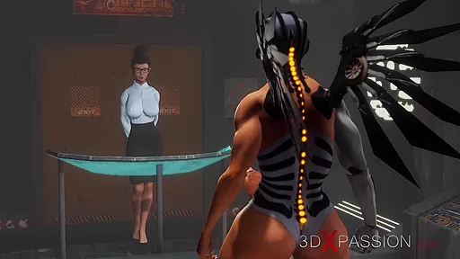 Cyber angel dickgirl plays with a sexy young ebony in the sci-fi lab
