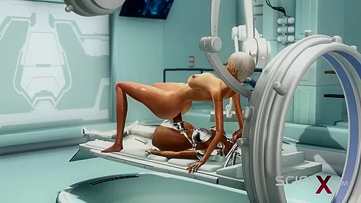 Sex android futanari plays with a sexy blonde in the sci-fi med bay