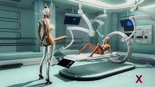 Sex android futanari plays with a sexy blonde in the sci-fi med bay