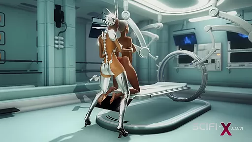 Sex android futanari plays with a sexy blonde in the sci-fi med bay