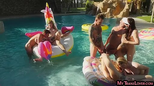 Pornstar shemales enjoy bareback anal orgy outdoor by pool