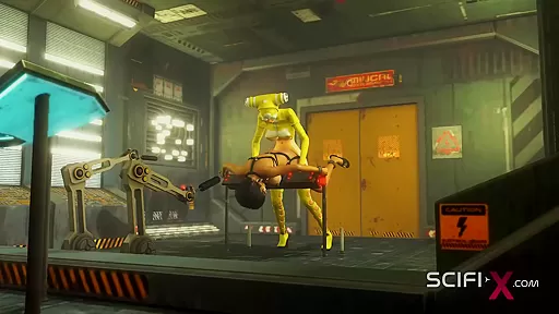 Cyberpunk sex. Hot 3d futanari plays with a sexy cuffed girl in sci-fi lab