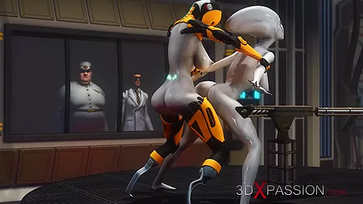 Futa sex robot plays with a female alien in the sci-fi lab