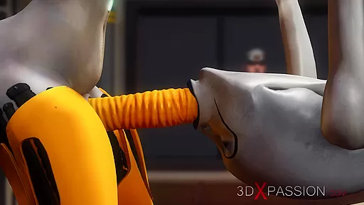 Futa sex robot plays with a female alien in the sci-fi lab