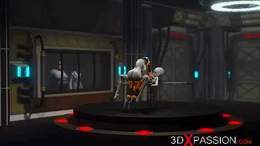 Futa sex robot plays with a female alien in the sci-fi lab