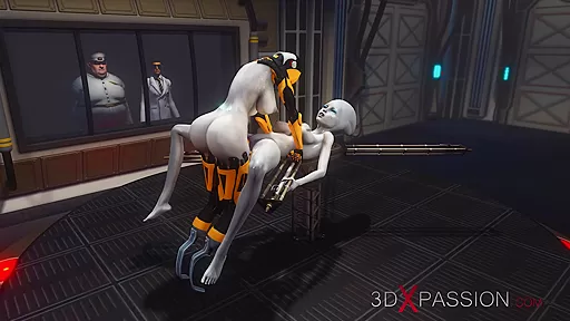 Futa sex robot plays with a female alien in the sci-fi lab