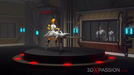 Futa sex robot plays with a female alien in the sci-fi lab