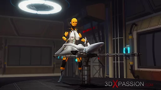 Futa sex robot plays with a female alien in the sci-fi lab