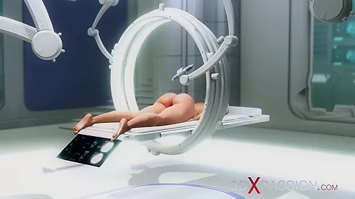 Hot shemale sex cyborg plays with a beautiful blonde in the surgery room