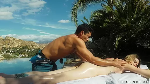 Brunette tgirl sucks off and breeds masseur outdoors