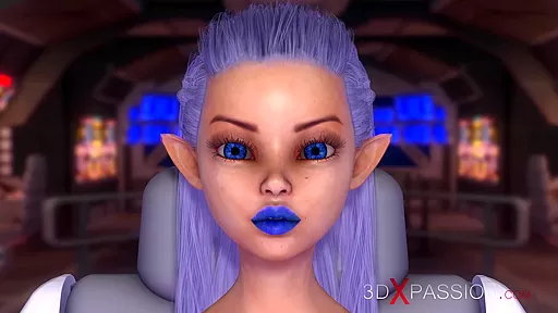 Earth orbit. Sci-fi sex android plays with a hot young blonde