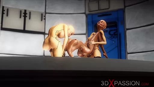 Secrets of Area 51. 3d dickgirl androids plays with a sexy ebony in the lab