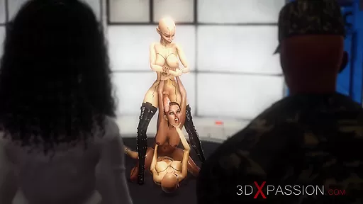 Secrets of Area 51. 3d dickgirl androids plays with a sexy ebony in the lab