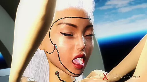 A sexy female adroid shemale plays with a young blonde in the space station
