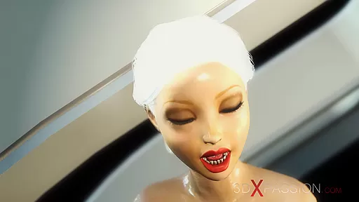 A sexy female adroid shemale plays with a young blonde in the space station