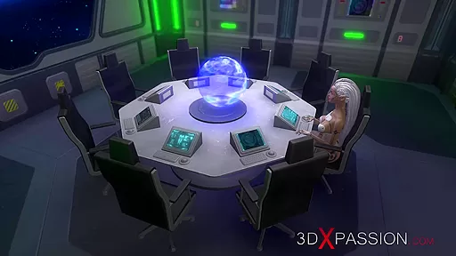 A sexy female adroid shemale plays with a young blonde in the space station