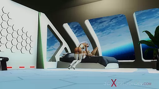 A sexy female adroid shemale plays with a young blonde in the space station