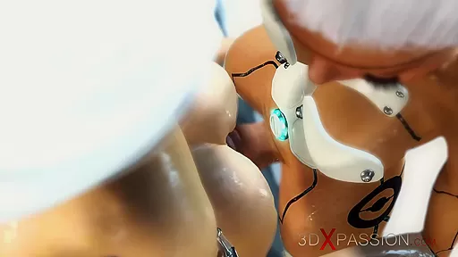 A sexy female adroid shemale plays with a young blonde in the space station