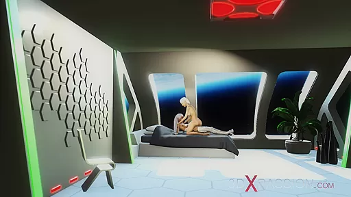 A sexy female adroid shemale plays with a young blonde in the space station