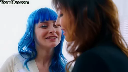 Trans goddess pussyeating office babe in front of a crowd