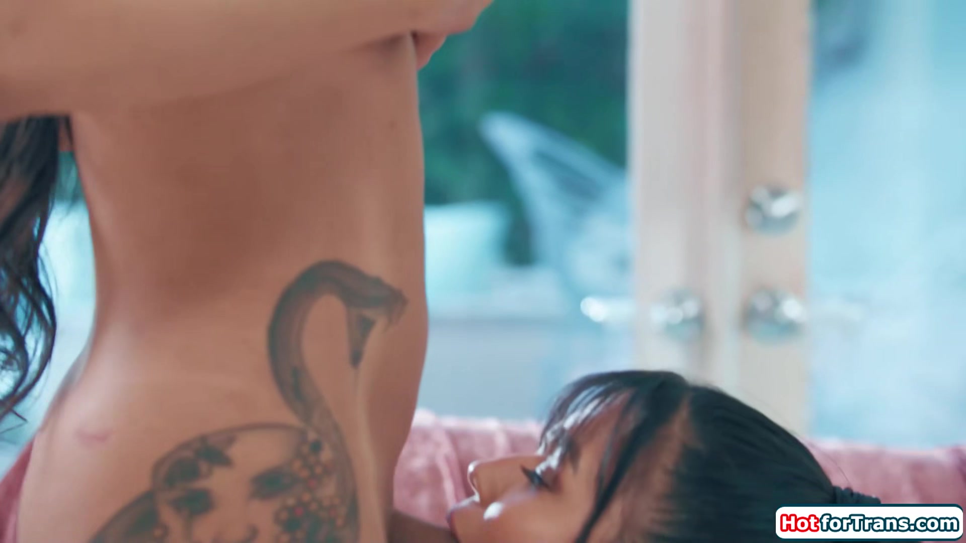 Busty latina tgirl photographer Eva Maxim fucks petite model