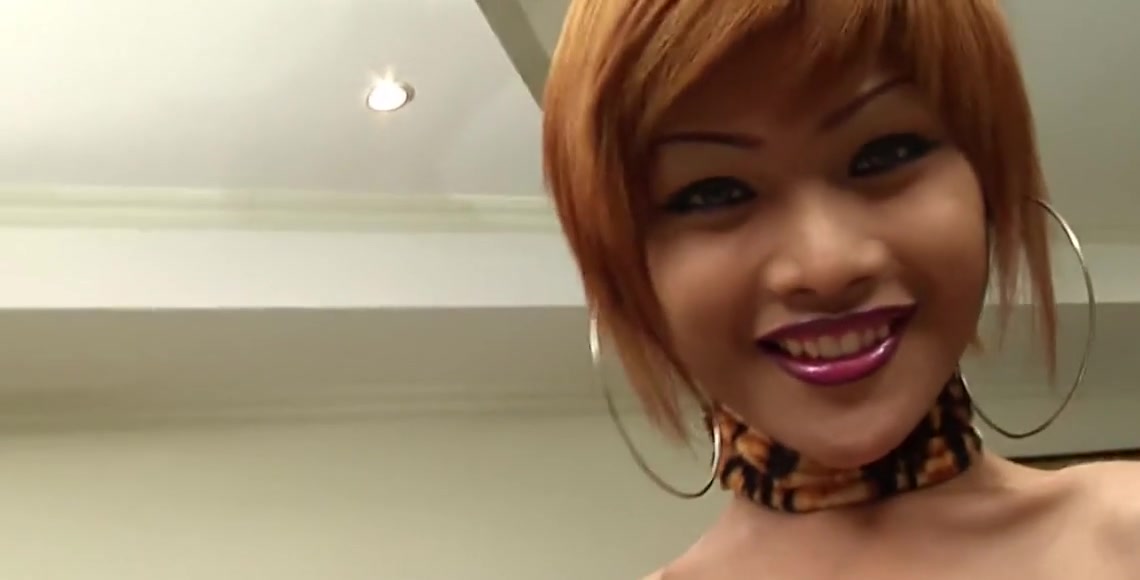 Short-haired Ladyboy in Tiger Bra Pulls out a Hairy Cock t