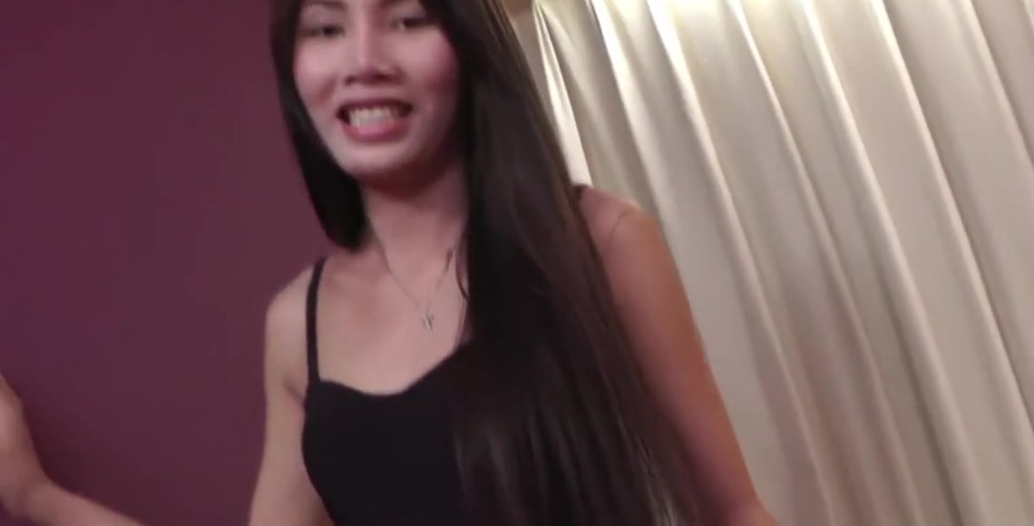Brunette Ladyboy in Black and Orange Dress Stroke